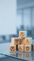 Wooden blocks with engraved healthcare icons stacked in pyramid on glass surface, symbolizing medical insurance, disability, and patient care concepts.