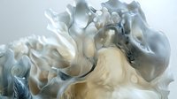 Ethereal fluid art in soft beige and gray tones creates organic flowing shapes with delicate swirls and translucent layers, suggesting movement and tranquility.