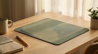 Green fabric laptop sleeve on wooden desk with coffee mug and plant in bright natural light for modern workspace organization and tech accessories.