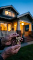 Elderly hands holding house keys with home sweet home keychain in front of illuminated residential house at dusk for real estate and homeownership concepts.