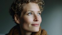 Mature woman with short curly hair gazing thoughtfully into distance, soft natural lighting highlighting facial features against dark background.