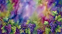 Watercolor grape vines with purple and green clusters on vibrant rainbow background. Decorative botanical border with swirling tendrils for wine themes.