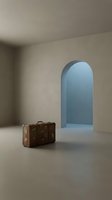 Vintage leather suitcase in minimalist interior with arched doorway and soft natural lighting creating peaceful atmosphere for travel concepts.