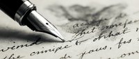 Fountain pen nib touching handwritten cursive text on aged paper, capturing the art of calligraphy and traditional writing for correspondence and literature projects.
