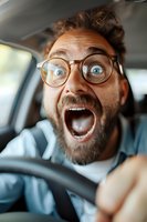 Excited bearded man with round glasses expressing extreme joy and surprise while driving car, showing genuine emotional reaction with wide open mouth and eyes.