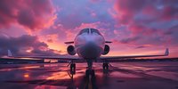 Private jet on runway during dramatic purple sunset sky. Business travelers approaching luxury aircraft. Perfect for aviation, travel, and luxury lifestyle marketing content.