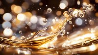 Luxurious golden liquid splash with droplets against dark background with bokeh lights creates dynamic motion and elegance for beverage advertising.