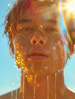 Young Asian male model with wet skin and gold glitter, honey dripping down face against blue sky background, sunlight creating rainbow prism effect, artistic portrait.