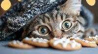 Adorable tabby kitten with bright green eyes hiding under cozy knitted blanket near Christmas cookies, perfect for holiday greeting cards and seasonal marketing.