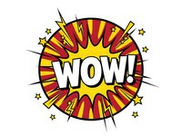 Comic book style WOW explosion burst with red yellow colors and stars isolated on transparent background for graphic design projects.