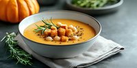 Creamy pumpkin soup with roasted chickpeas and fresh rosemary garnish served in white bowl, perfect for autumn comfort food and healthy meal preparation.