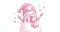 Cute pink watercolor snowman with striped scarf and winter hat celebrating with raised arms surrounded by floating hearts on white background.