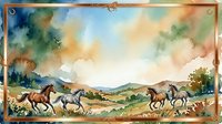 Watercolor painting of wild horses running across pastoral landscape with rolling hills, dramatic sky, and natural scenery in earth tones with decorative border.