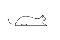 Minimalist line drawing of resting cat silhouette in continuous single stroke style on white background, isolated design element for creative projects.