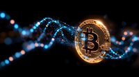 Golden bitcoin cryptocurrency coin with glowing blue digital DNA helix pattern on dark background, modern financial technology concept.