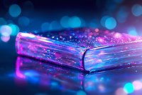 Magical glowing book with sparkles and bokeh lights in neon pink and blue colors creating dreamy atmosphere for fantasy or education concepts.