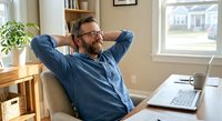 Middle-aged Caucasian man with beard and glasses relaxing at home office desk, hands behind head in satisfied pose. Remote work lifestyle concept.