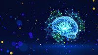 Digital brain with neural network connections on dark blue background with glowing particles for artificial intelligence and technology concepts.