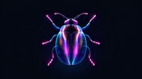 Glowing beetle in neon pink and blue colors on black background, detailed insect illustration with luminescent effect and symmetrical pattern. Digital art for modern design.