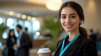 Young professional woman in business attire and lanyard holding coffee cup at corporate conference or networking event with blurred people in background. Warm lighting atmosphere.