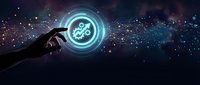 Hand holding glowing neon gear symbol with digital particles and data streams, representing technology, innovation, engineering, and digital transformation concepts for business solutions.