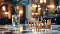 Golden chess pieces arranged on reflective board with soft bokeh lights and glass of water creating elegant atmosphere for strategy and business concepts.