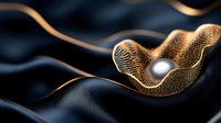 Elegant golden metallic wave form with pearl on dark background, flowing abstract design with textured surface and dramatic lighting for luxury branding.