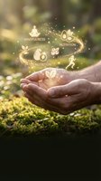 Hands holding glowing wellness icons representing mindfulness, nutrition and movement in nature for holistic health and lifestyle balance concepts.