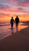 Romantic couple walking hand in hand on beach at sunset with dramatic orange and pink sky reflecting on wet sand and gentle waves washing shore.