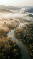 Misty morning landscape with winding river flowing through lush forest valleys and rolling hills covered in golden fog at sunrise for nature backgrounds.