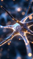 Glowing neuron cell with synaptic connections on dark blue background, illuminated with golden particles and bokeh effects, showing neural network activity in brain.