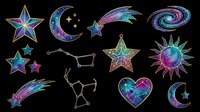 Celestial night sky elements with stars, moon, comet, constellation, and heart shapes in vibrant purple, blue, and teal galaxy colors. Isolated on transparent background, ready for t-shirts, stickers, clipart, sublimation, and print-on-demand designs.