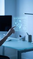 Hand touching holographic machine learning interface with algorithms and data visualization in modern office workspace for AI technology presentations.
