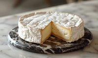 Creamy soft cheese wheel with white rind on marble board, wedge cut revealing pale yellow interior, artisanal dairy product for gourmet cooking and appetizers.