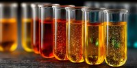 Colorful chemical solutions in glass test tubes showing vibrant red, orange, yellow, and green liquids with bubbles for scientific research and laboratory experiments.