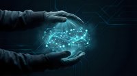 Hands holding glowing digital network globe with circuit patterns, representing global connectivity, data transfer, technology innovation, and digital transformation for business solutions.