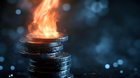 Burning stack of silver coins with dramatic flames against dark background with bokeh lights, representing financial crisis and money concepts.