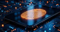 Digital fingerprint security technology on smartphone screen with glowing orange biometric pattern and circuit board background for cybersecurity applications.