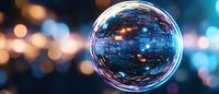 Glowing crystal ball sphere reflecting urban night lights and bokeh creates magical atmosphere against blurred city background with blue illumination.