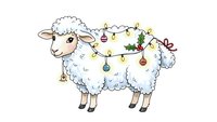 Cute cartoon sheep decorated with colorful Christmas lights and ornaments for holiday greeting cards and festive seasonal designs.