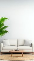 Minimalist living room interior with beige sofa, wooden coffee table, jute rug, and tropical palm leaves against white wall. Modern scandinavian design style.