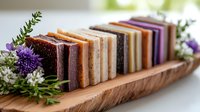 Handmade soap bars arranged in gradient colors on wooden tray with fresh purple wildflowers and herbs, showcasing natural organic skincare products for wellness spa.