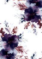 Delicate watercolor floral pattern with deep purple pansies and dusty rose leaves on white background, seamless repeat design for fabric and wallpaper.