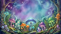 Enchanted forest scene with glowing mushrooms, magical plants, and swirling cosmic sky in purple and teal tones, featuring a UFO above fantastical flora for fantasy and sci-fi designs.