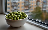 Fresh green peas in white ceramic bowl on windowsill with urban apartment building view in background.