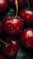 Fresh dark red cherries with water drops on surface, macro photography showing juicy ripe fruit texture and natural shine. Perfect for food industry marketing.