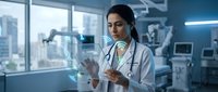 Female doctor using holographic medical technology in modern hospital room with city view and advanced equipment for patient care and diagnosis.