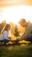 Father and daughter planting young tree together during golden hour sunset, environmental conservation and family bonding outdoors in nature.