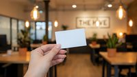 Hand holding blank white business card mockup in modern coffee shop interior with warm lighting and blurred background for branding presentation.