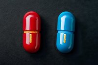 Red and blue pharmaceutical capsules on dark textured surface for medical healthcare and medication concepts in clinical pharmacy settings.